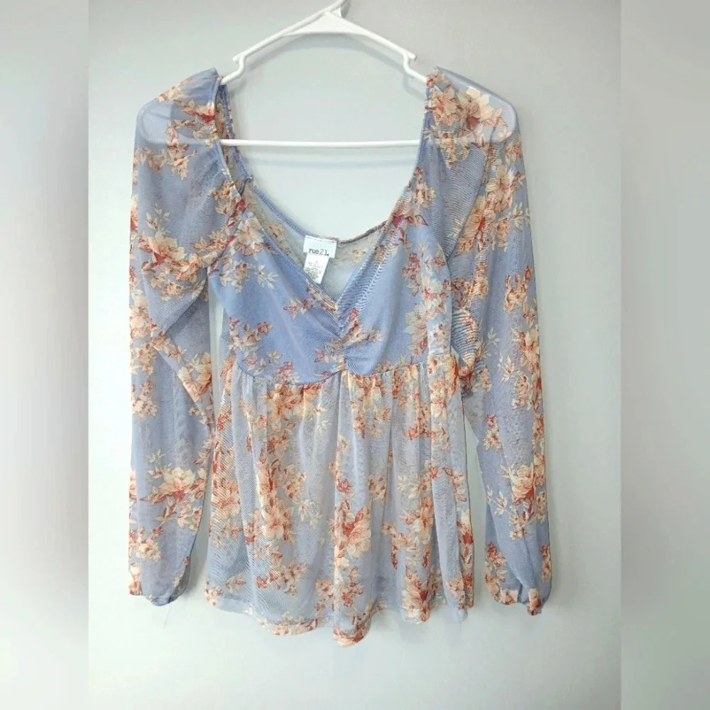 Rue 21 blue sheer fairycore pheasant sleeve top size S (juniors) Y2K cottagecore